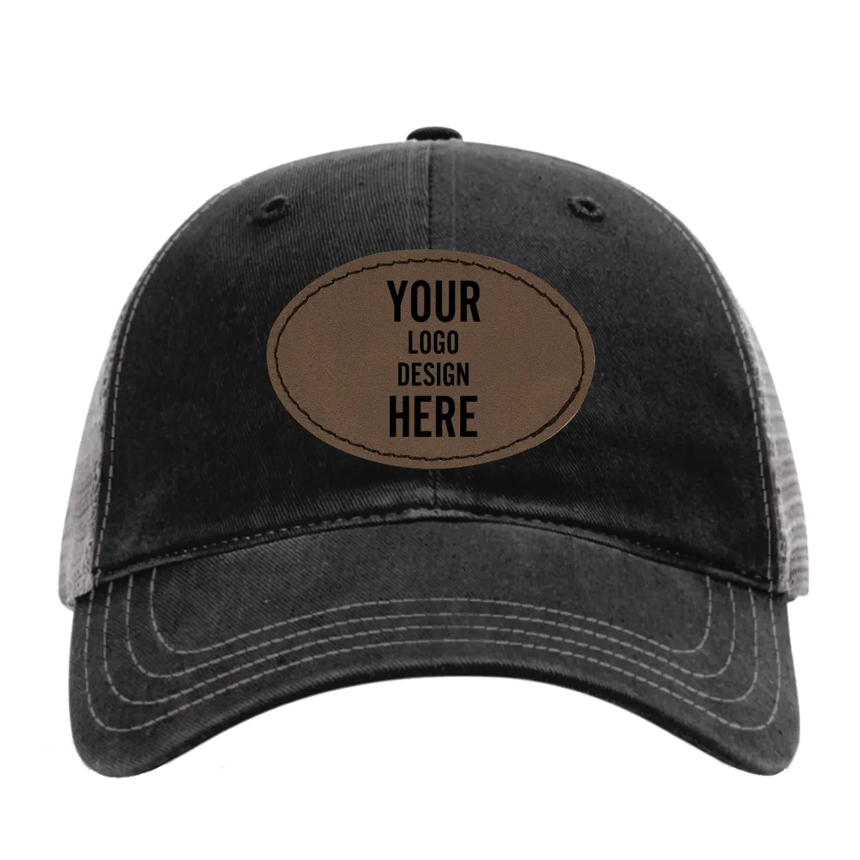 Custom black Richardson 111 Unstructured Trucker Hat with laser etched oval stitch leatherette patch