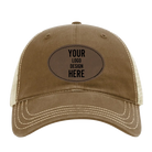 Custom driftwood Richardson 111 Unstructured Trucker Hat with laser etched oval stitch leatherette patch