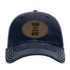 Custom navy white Richardson 111 Unstructured Trucker Hat with laser etched oval stitch leatherette patch