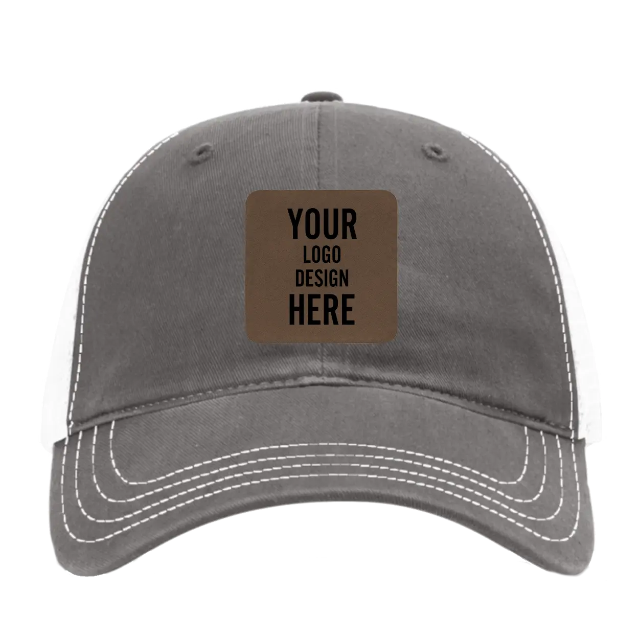 Custom charcoal Richardson 111 Unstructured Trucker Hat with laser etched square leatherette patch
