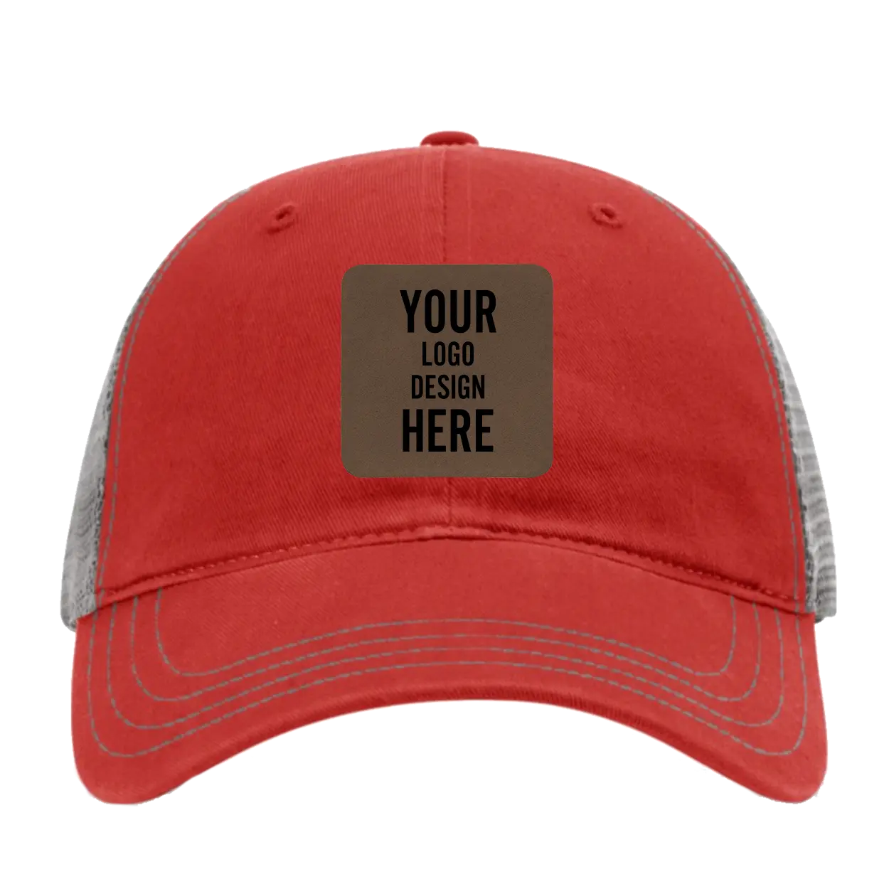 Custom red Richardson 111 Unstructured Trucker Hat with laser etched square leatherette patch