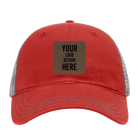 Custom red Richardson 111 Unstructured Trucker Hat with laser etched square leatherette patch