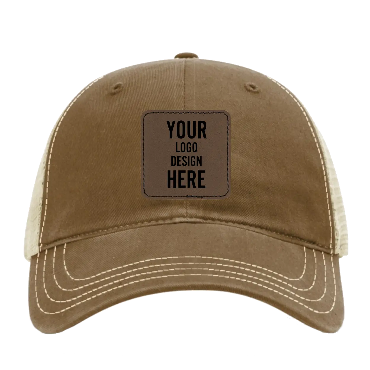 Custom driftwood Richardson 111 Unstructured Trucker Hat with laser etched square stitch leatherette patch