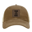 Custom driftwood Richardson 111 Unstructured Trucker Hat with laser etched square stitch leatherette patch