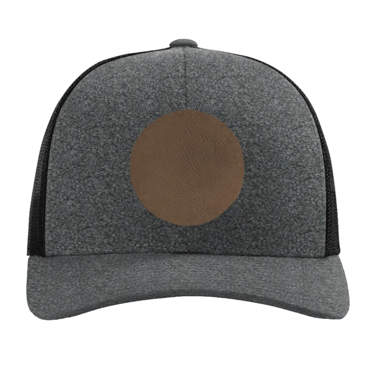 Custom black heather Richardson 115CH Low Pro Trucker Hat with laser etched circle leatherette patch
