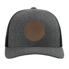 Custom black heather Richardson 115CH Low Pro Trucker Hat with laser etched circle leatherette patch
