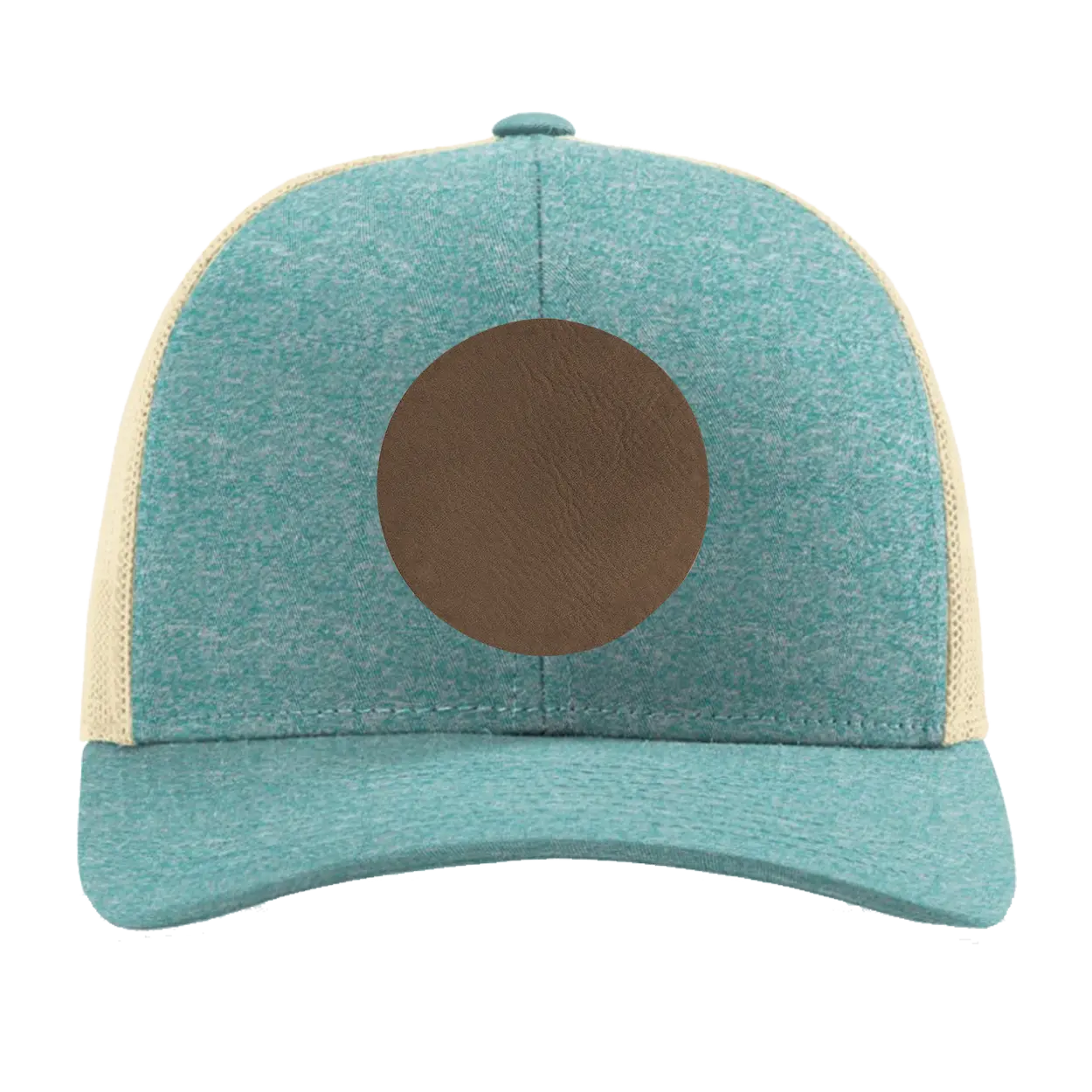 Custom green teal heather Richardson 115CH Low Pro Trucker Hat with laser etched circle leatherette patch
