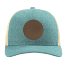 Custom green teal heather Richardson 115CH Low Pro Trucker Hat with laser etched circle leatherette patch