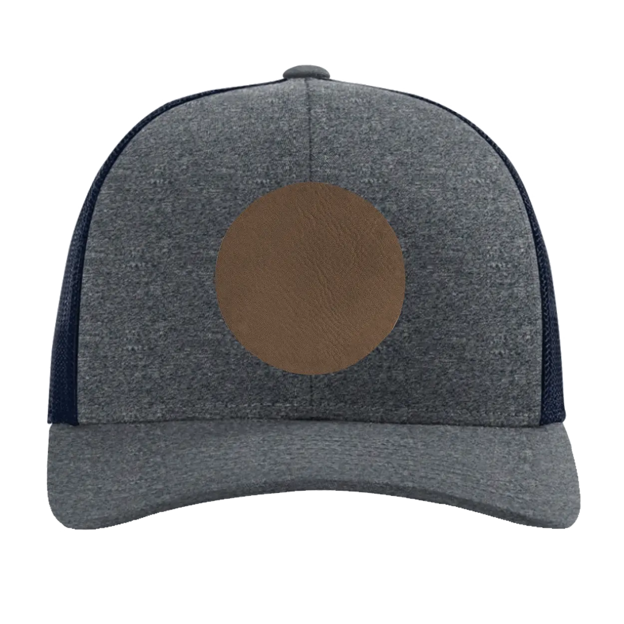 Custom navy heather navy Richardson 115CH Low Pro Trucker Hat with laser etched circle leatherette patch