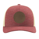 Custom red heather birch Richardson 115CH Low Pro Trucker Hat with laser etched circle leatherette patch