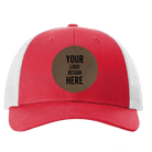 Custom red heather gray Richardson 115 Low Pro Trucker Hat with laser etched circle leatherette patch