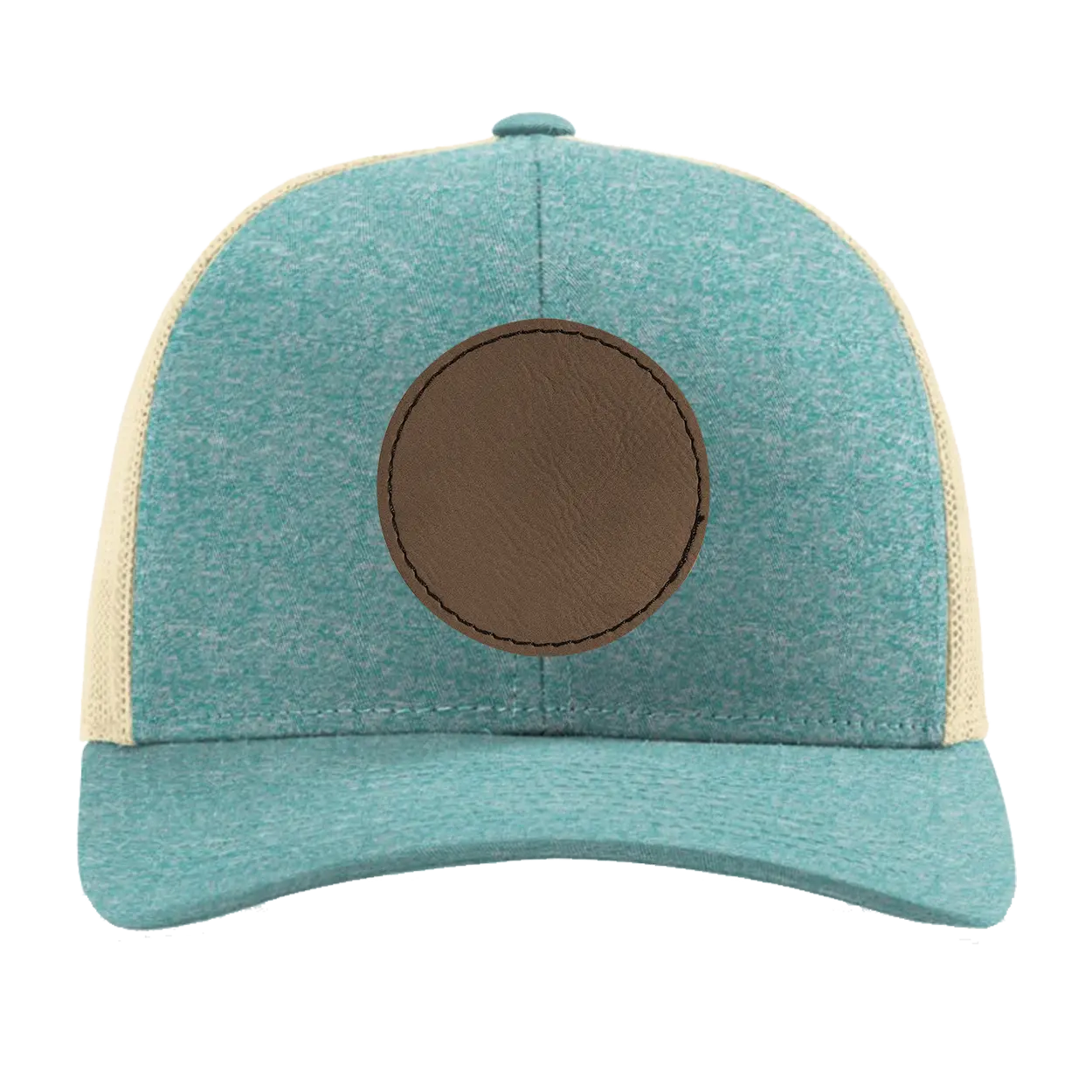 Custom green teal heather Richardson 115CH Low Pro Trucker Hat with laser etched circle stitch leatherette patch