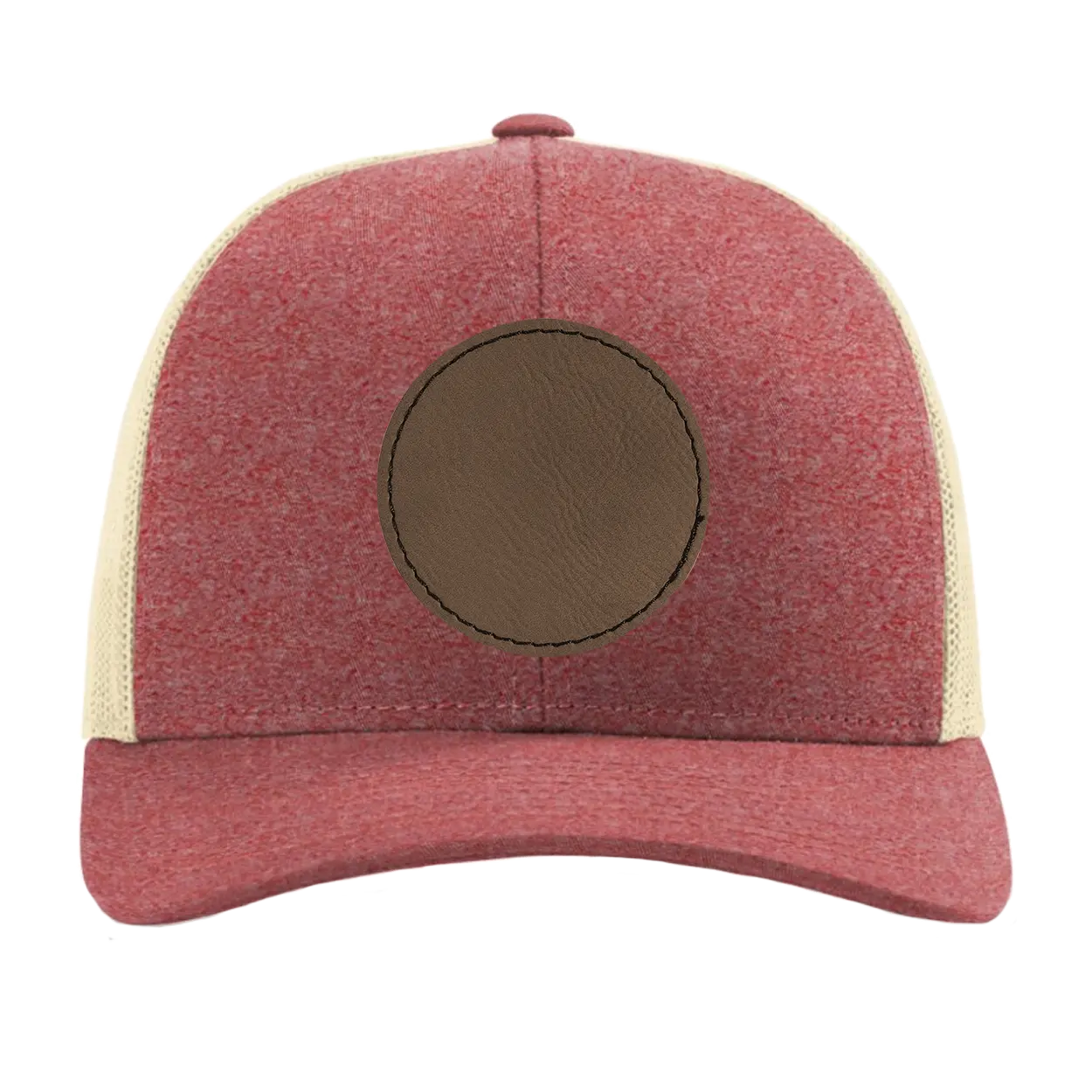 Custom red heather birch Richardson 115CH Low Pro Trucker Hat with laser etched circle stitch leatherette patch