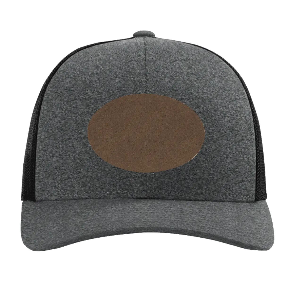 Custom black heather Richardson 115CH Low Pro Trucker Hat with laser etched oval leatherette patch