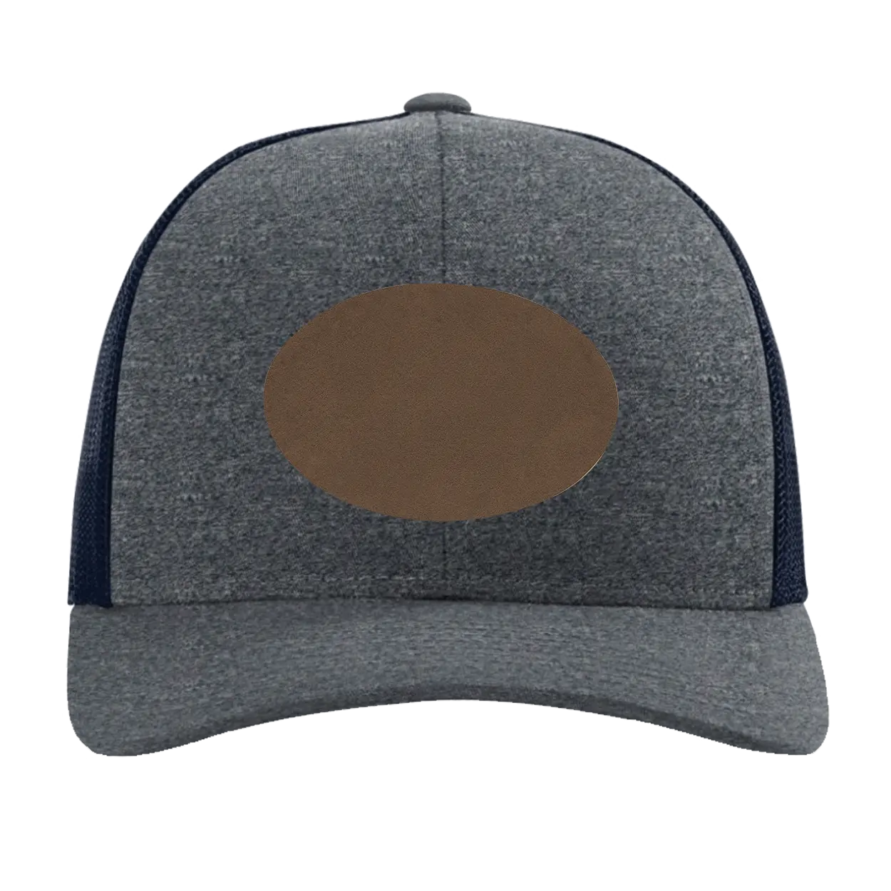 Custom navy heather navy Richardson 115CH Low Pro Trucker Hat with laser etched oval leatherette patch