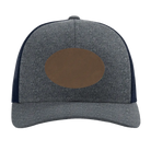 Custom navy heather navy Richardson 115CH Low Pro Trucker Hat with laser etched oval leatherette patch