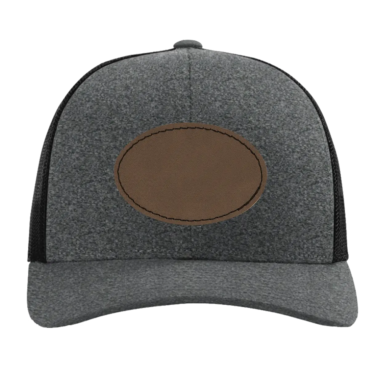 Custom black heather Richardson 115CH Low Pro Trucker Hat with laser etched oval stitch leatherette patch