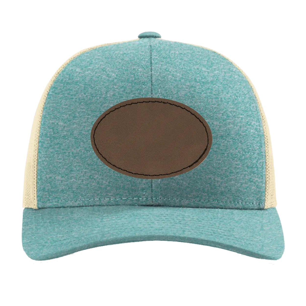 Custom green teal heather Richardson 115CH Low Pro Trucker Hat with laser etched oval stitch leatherette patch
