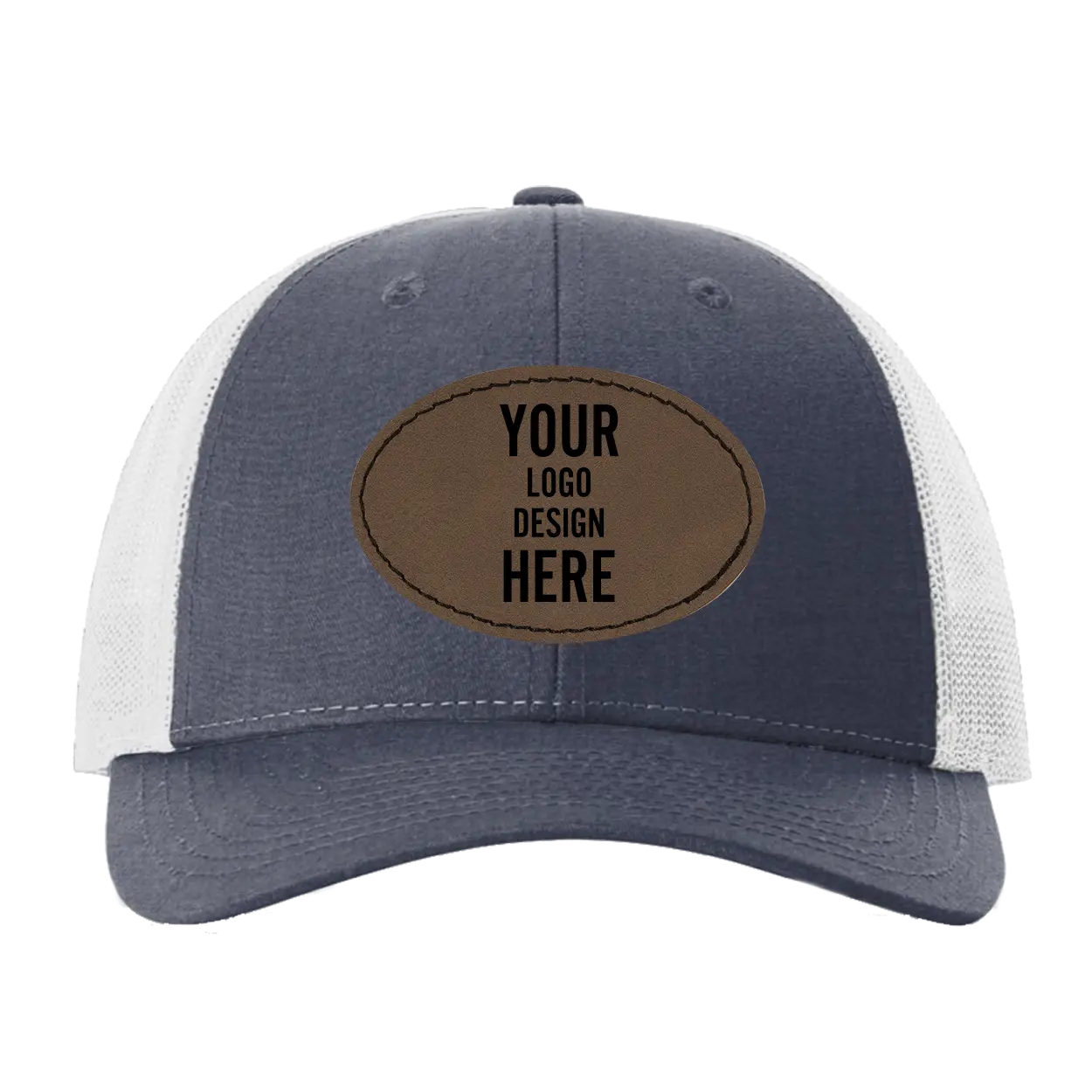 Custom navy heather gray Richardson 115 Low Pro Trucker Hat with laser etched oval stitch leatherette patch