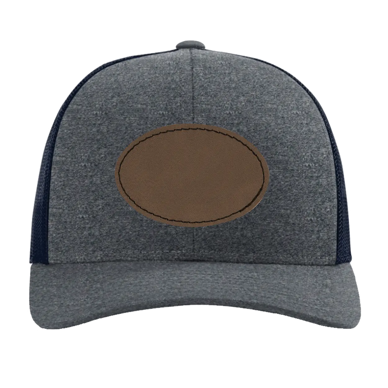 Custom navy heather navy Richardson 115CH Low Pro Trucker Hat with laser etched oval stitch leatherette patch