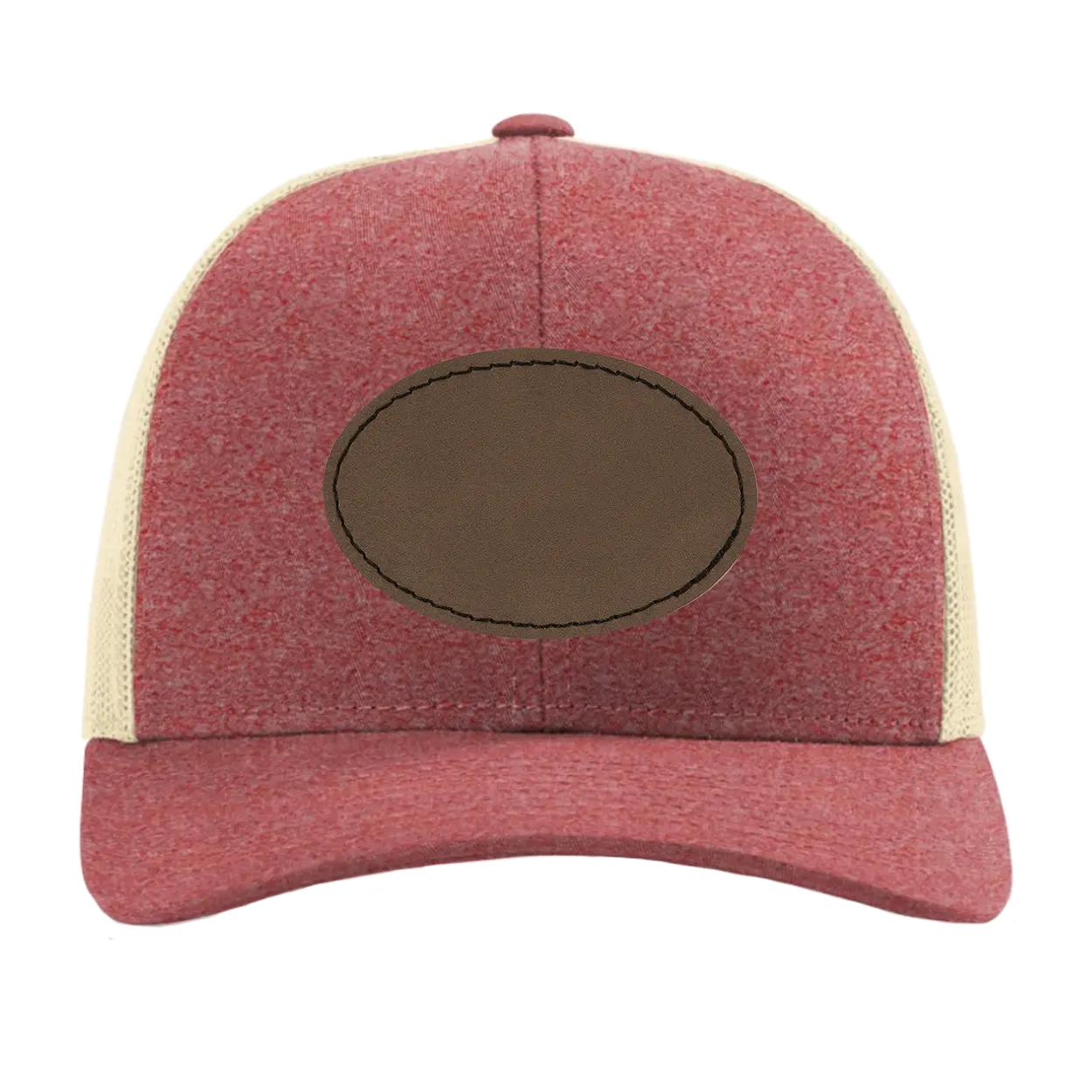 Custom red heather birch Richardson 115CH Low Pro Trucker Hat with laser etched oval stitch leatherette patch