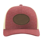 Custom red heather birch Richardson 115CH Low Pro Trucker Hat with laser etched oval stitch leatherette patch