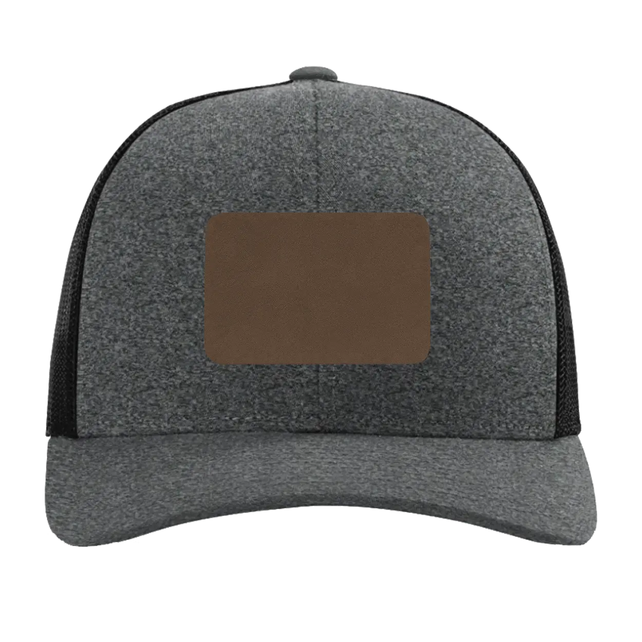 Custom black heather Richardson 115CH Low Pro Trucker Hat with laser etched rectangle leatherette patch