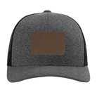 Custom black heather Richardson 115CH Low Pro Trucker Hat with laser etched rectangle leatherette patch