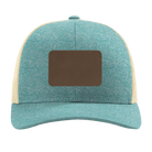 Custom green teal heather Richardson 115CH Low Pro Trucker Hat with laser etched rectangle leatherette patch
