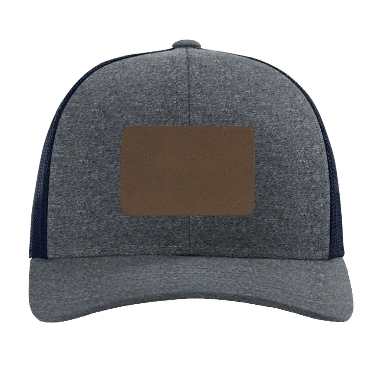 Custom navy heather navy Richardson 115CH Low Pro Trucker Hat with laser etched rectangle leatherette patch