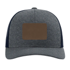 Custom navy heather navy Richardson 115CH Low Pro Trucker Hat with laser etched rectangle leatherette patch