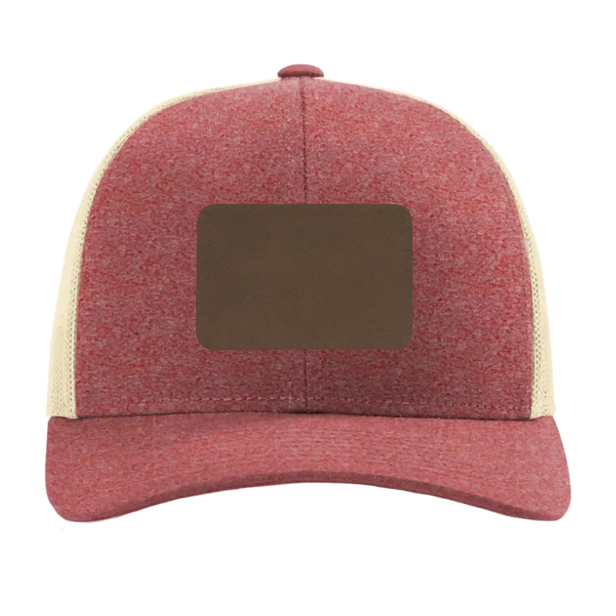 Custom red heather birch Richardson 115CH Low Pro Trucker Hat with laser etched rectangle leatherette patch
