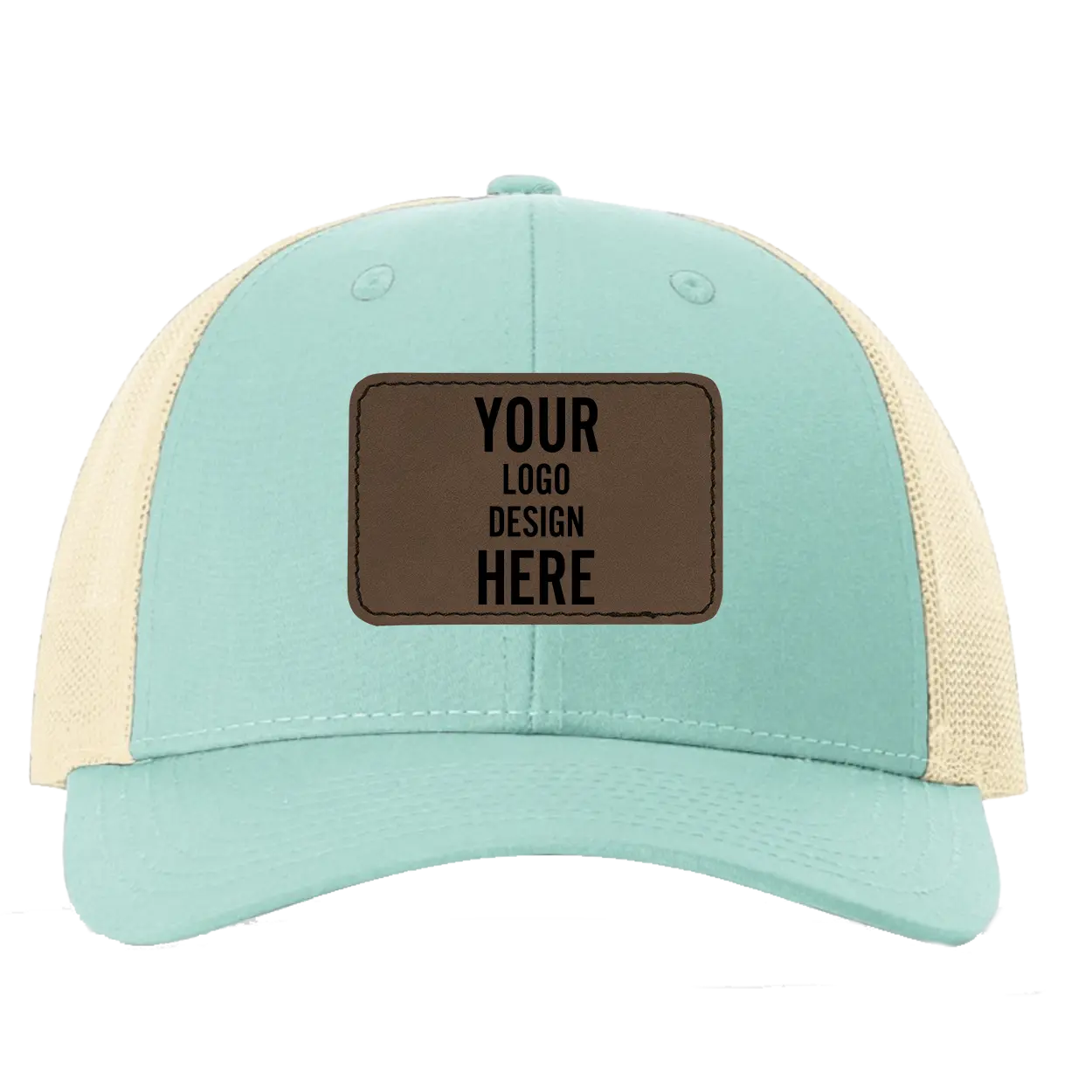 Custom aruba Richardson 115 Low Pro Trucker Hat with laser etched rectangle stitch leatherette patch