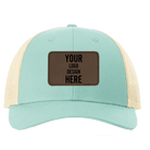 Custom aruba Richardson 115 Low Pro Trucker Hat with laser etched rectangle stitch leatherette patch