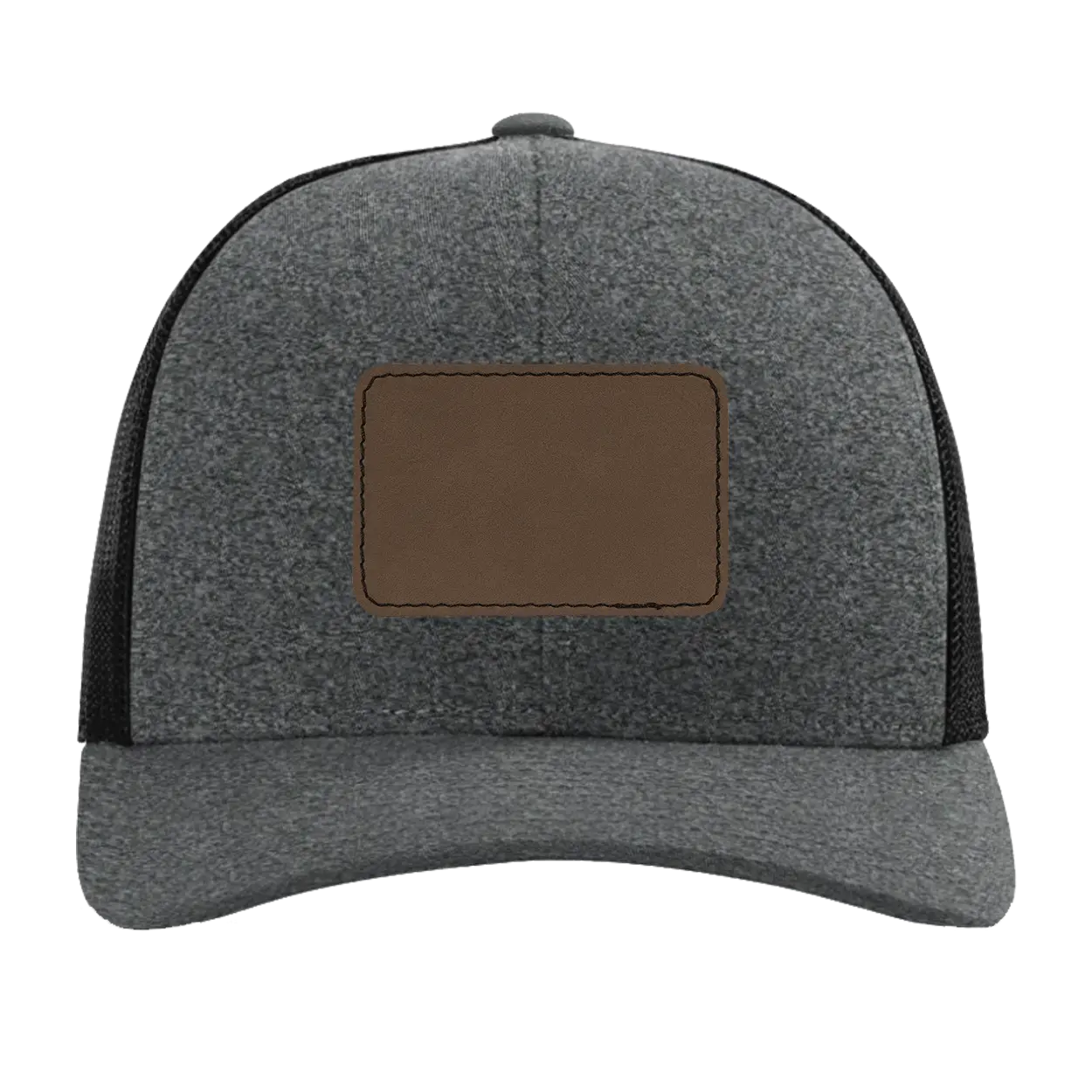 Custom black heather Richardson 115CH Low Pro Trucker Hat with laser etched rectangle stitch leatherette patch