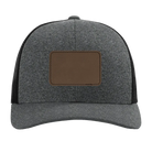 Custom black heather Richardson 115CH Low Pro Trucker Hat with laser etched rectangle stitch leatherette patch