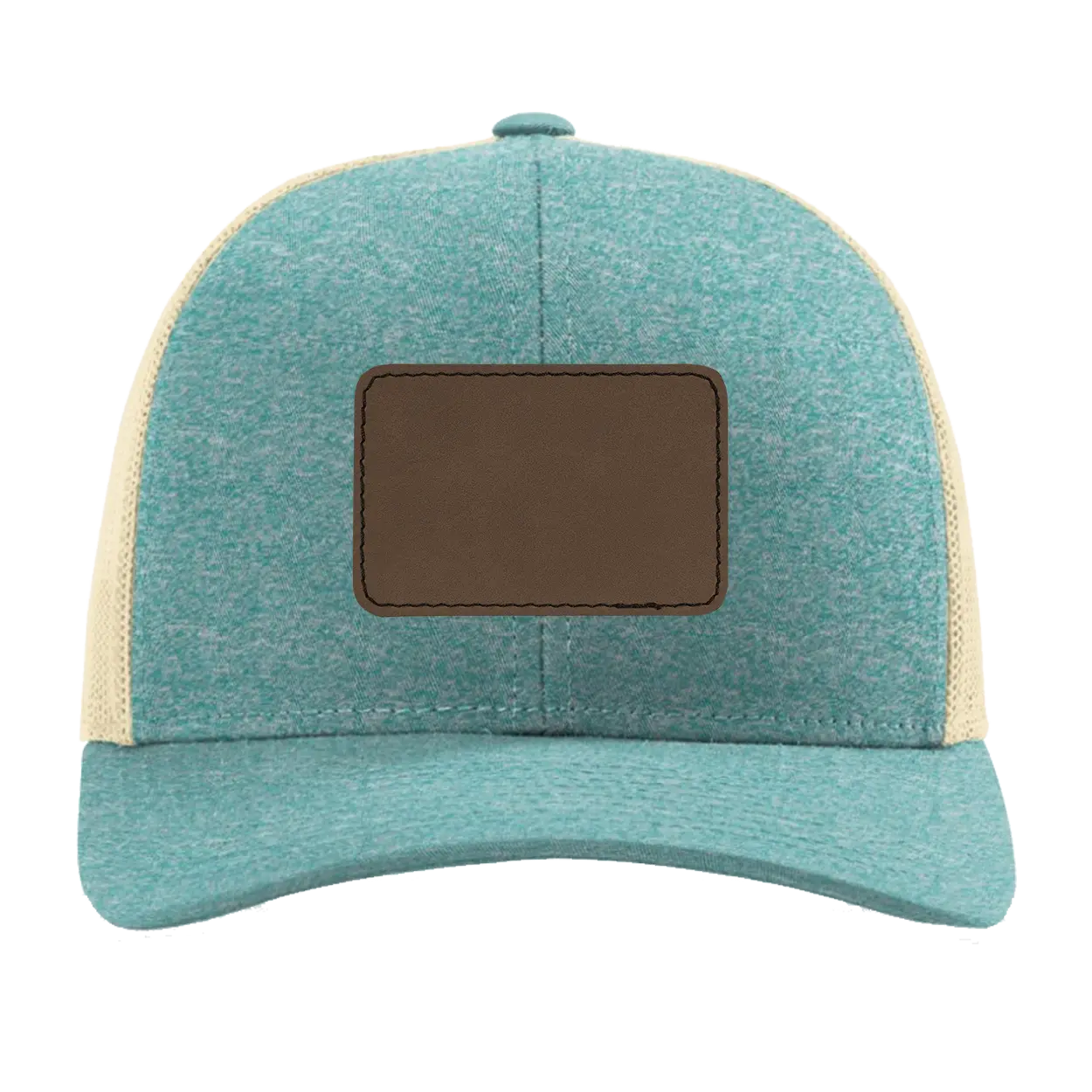 Custom green teal heather Richardson 115CH Low Pro Trucker Hat with laser etched rectangle stitch leatherette patch