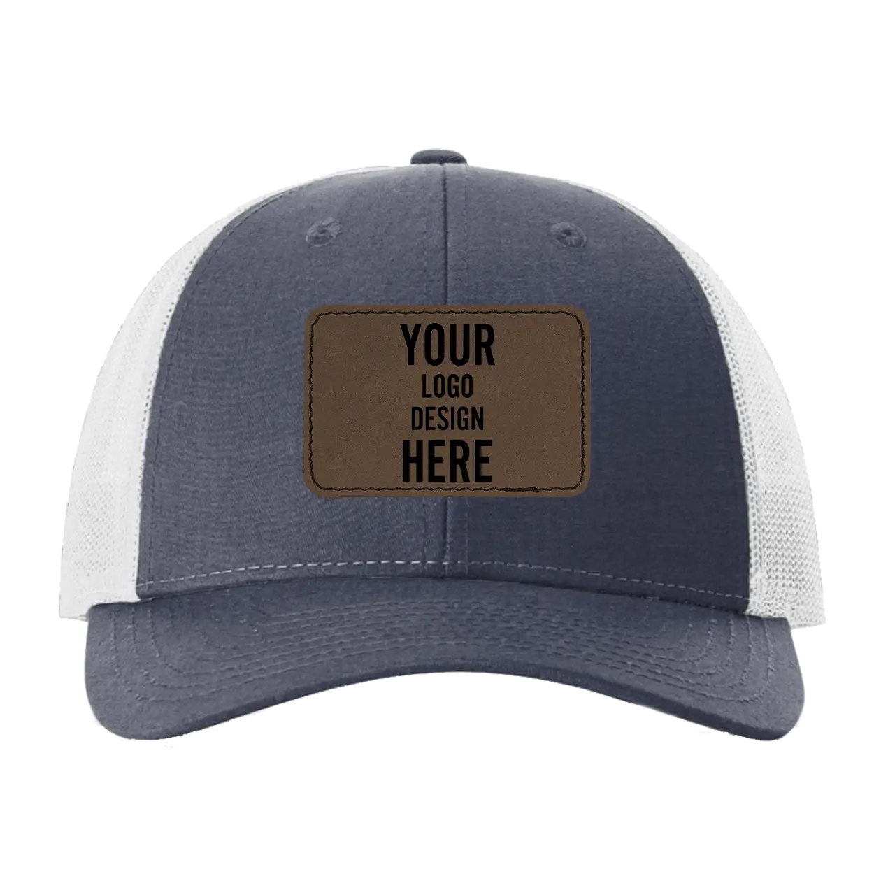 Custom navy heather gray Richardson 115 Low Pro Trucker Hat with laser etched rectangle stitch leatherette patch