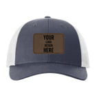 Custom navy heather gray Richardson 115 Low Pro Trucker Hat with laser etched rectangle stitch leatherette patch