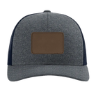Custom navy heather navy Richardson 115CH Low Pro Trucker Hat with laser etched rectangle stitch leatherette patch