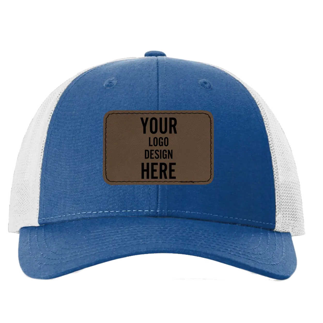 Custom royal blue Richardson 115 Low Pro Trucker Hat with laser etched rectangle stitch leatherette patch