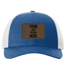 Custom royal blue Richardson 115 Low Pro Trucker Hat with laser etched rectangle stitch leatherette patch