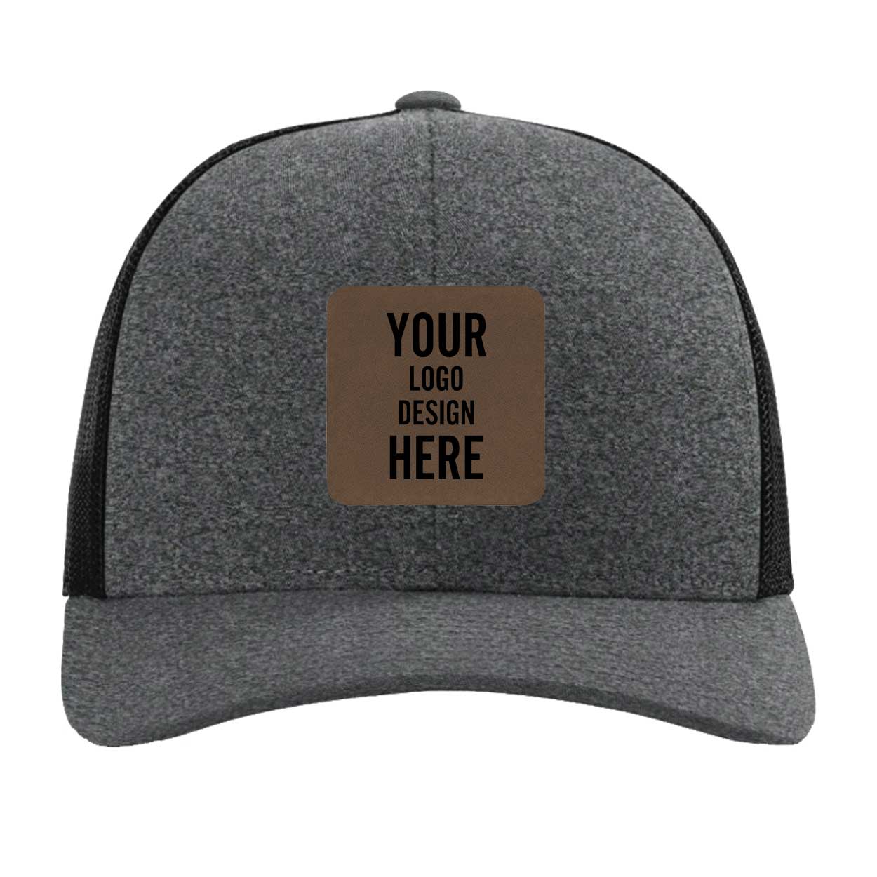Custom black heather Richardson 115CH Low Pro Trucker Hat with laser etched square leatherette patch