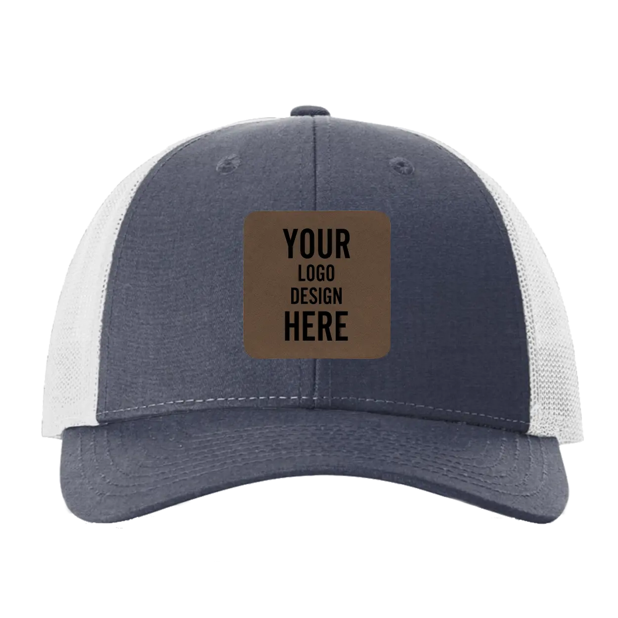 Custom navy heather gray Richardson 115 Low Pro Trucker Hat with laser etched square leatherette patch