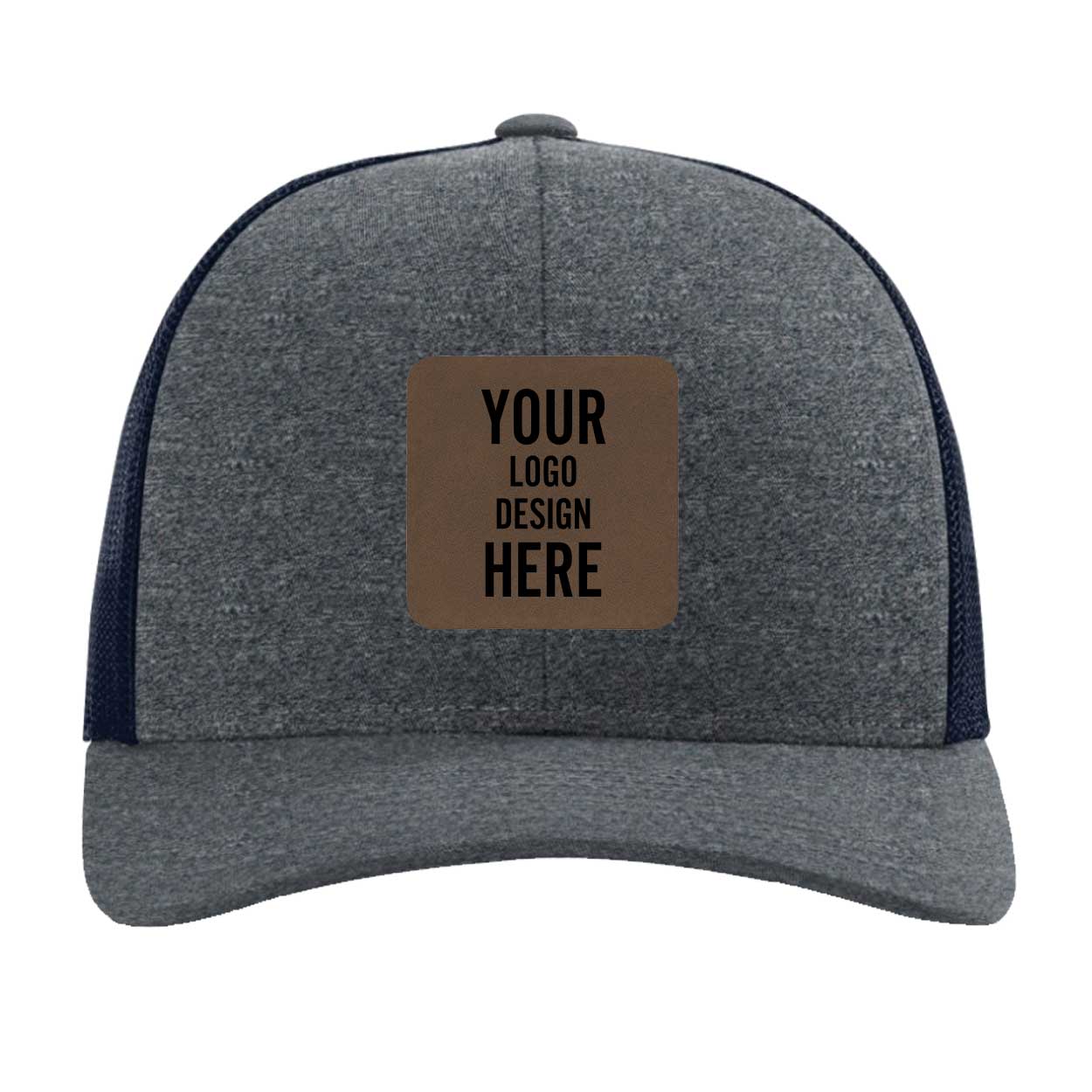 Custom navy heather navy Richardson 115CH Low Pro Trucker Hat with laser etched square leatherette patch