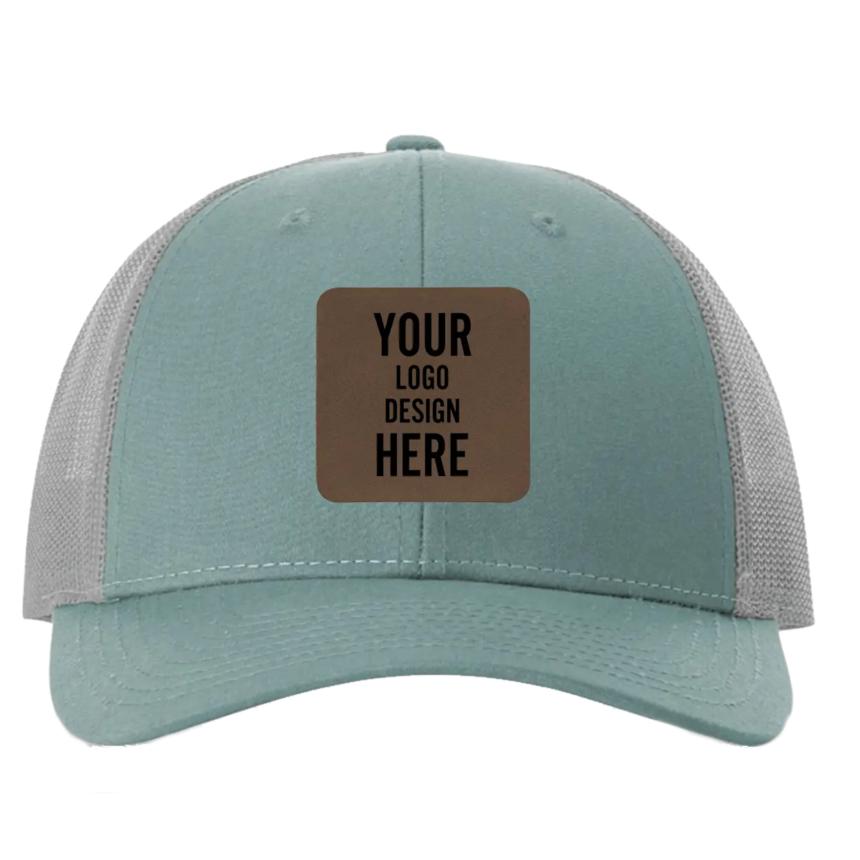 Custom smoke blue Richardson 115 Low Pro Trucker Hat with laser etched square leatherette patch