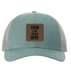Custom smoke blue Richardson 115 Low Pro Trucker Hat with laser etched square leatherette patch