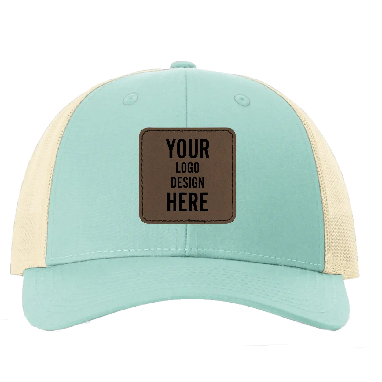 Custom aruba Richardson 115 Low Pro Trucker Hat with laser etched square stitch leatherette patch