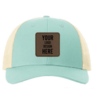 Custom aruba Richardson 115 Low Pro Trucker Hat with laser etched square stitch leatherette patch