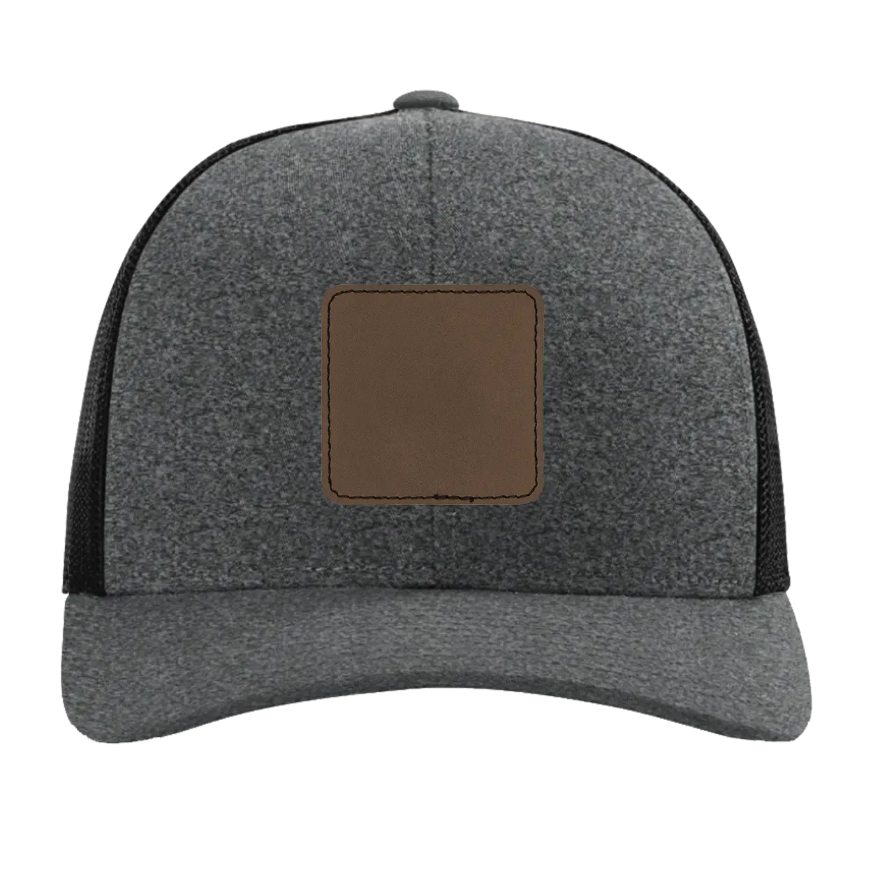 Custom black heather Richardson 115CH Low Pro Trucker Hat with laser etched square stitch leatherette patch